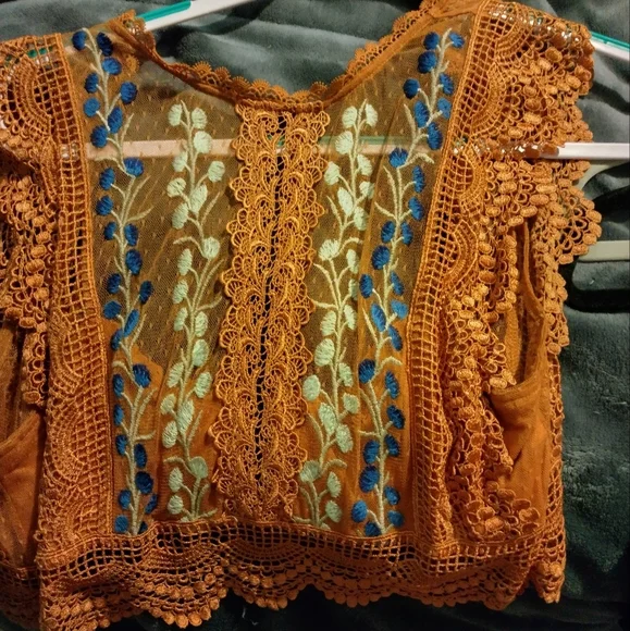 Free People Orange Lace Blouse with Blue and White Embroidery - Picture 2 of 5